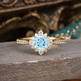 Round Cut Vintage Cluster Aquamarine Gemstone Ring Flower Engagement Ring